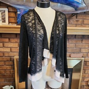 Travelers Collection By Chico's Size 2 Open Front Sheer Cardigan Black Gauze